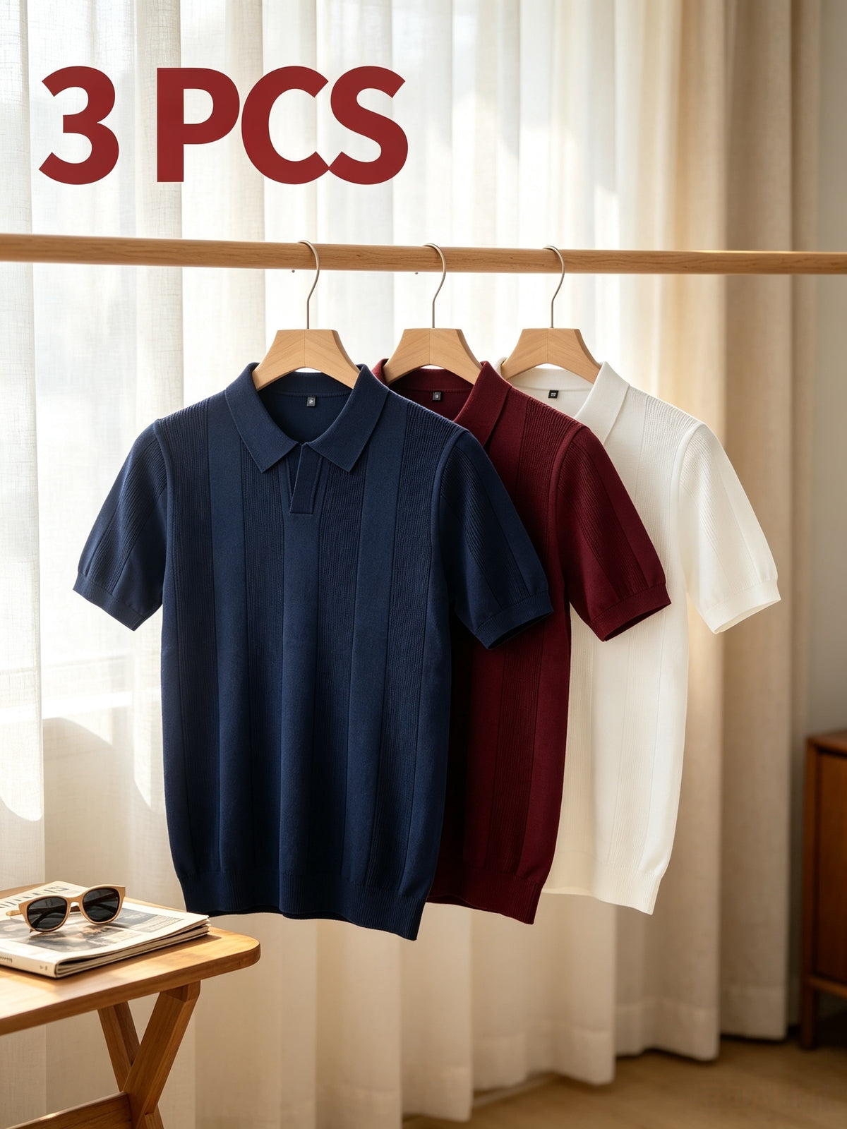 Men'S 3pcs Old Money Johnny Collar Vertical Textured Knit Polo Shirts, Breathable Casual Short Sleeve Tops, Multi-Color Set for Business Golf Vacation Summer Wear - Navy Blue-Wine Red-White