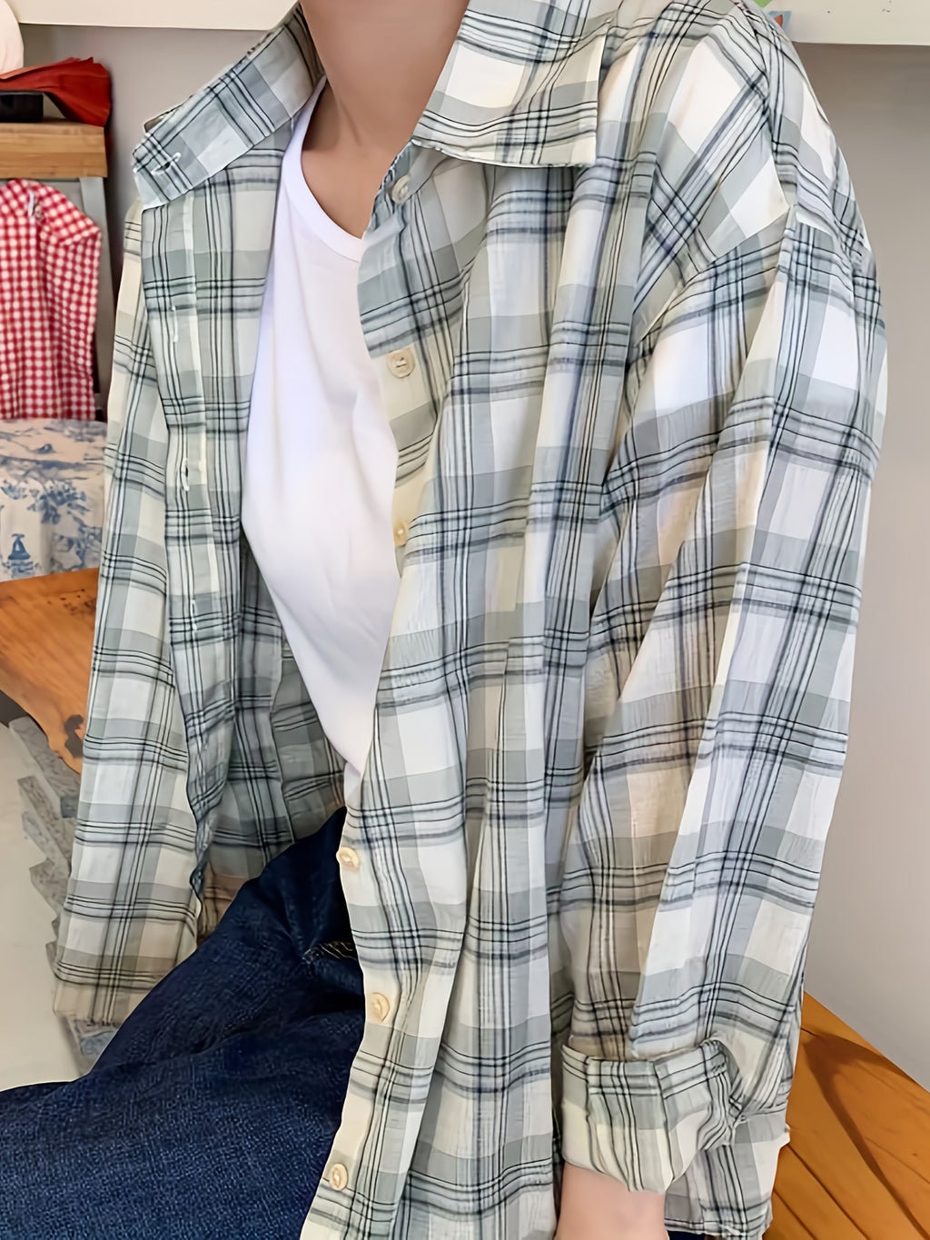 Women's Casual Plaid Shirt - Korean-Inspired Oversized Long Sleeve Button-Up with Checkered Pattern, Lightweight Breathable Fabric for Spring/Summer, Machine Washable Loose Fit Blouse, Summer Outfit, Soft Texture, Buttondown Top, Adults - Green