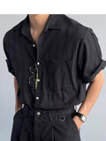 Men's Hollow Out Striped Short Sleeve Shirt, Cuban Collar, Casual Summer Beach Blouse, KhakiMen's Casual Cuban Collar Shirt, Hollow Out Stripe Texture, Short Sleeve, Loose Fit, Summer Daily TopSummer Men's Khaki Striped Shirt, Cuban Collar - Black