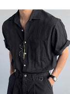 Men's Hollow Out Striped Short Sleeve Shirt, Cuban Collar, Casual Summer Beach Blouse, KhakiMen's Casual Cuban Collar Shirt, Hollow Out Stripe Texture, Short Sleeve, Loose Fit, Summer Daily TopSummer Men's Khaki Striped Shirt, Cuban Collar - Black