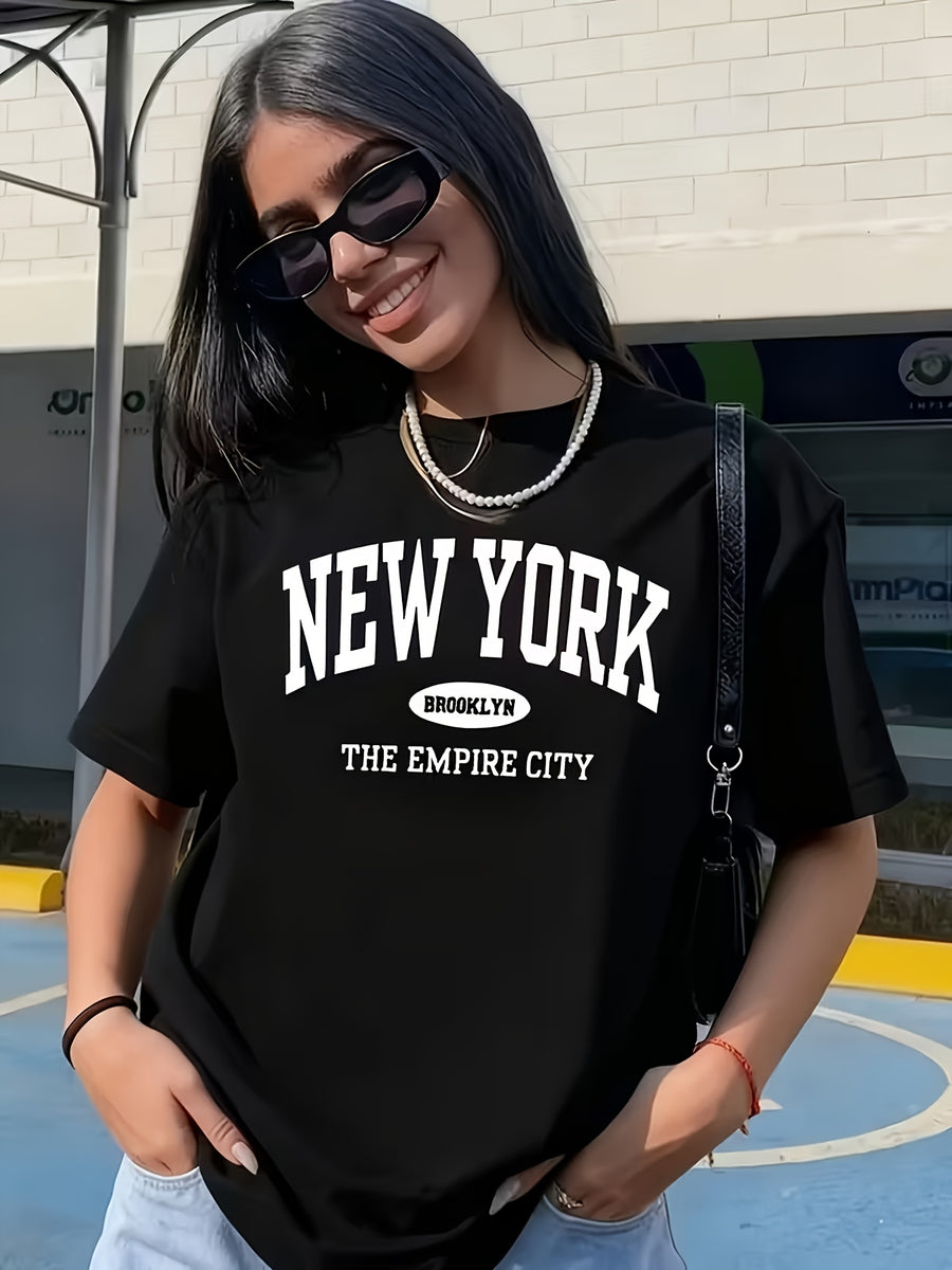 Women's Soft Breathable Brooklyn Print T-Shirt - Casual Short Sleeve Round Neck Tee Suitable for Summer & Year-Round Wear - Casual Outfits & Special Events - Soft Comfortable Casual Attire with Brooklyn Lettering - Black