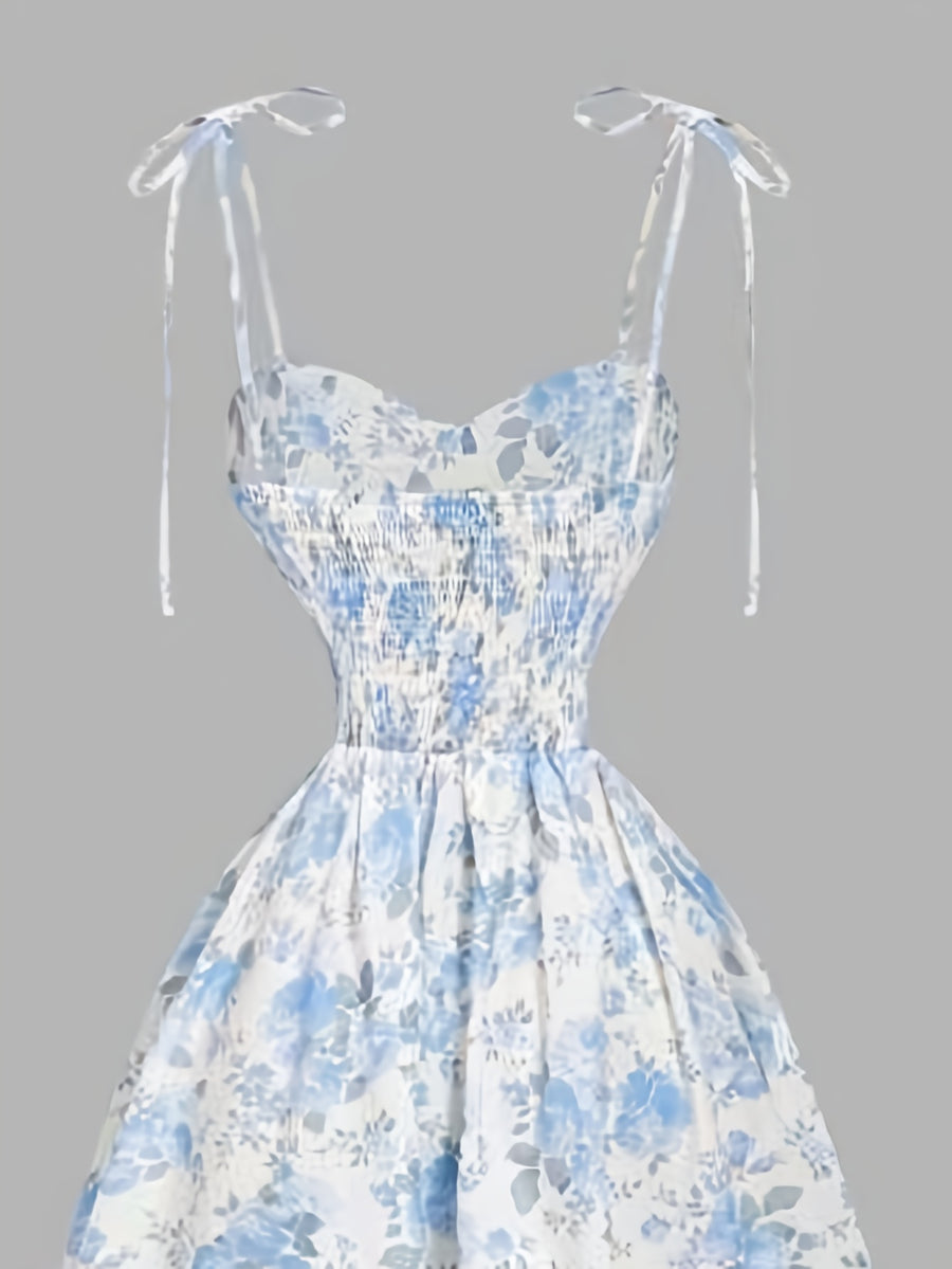French Floral Suspender Elegant Small Fresh Long Dress - Sky Blue