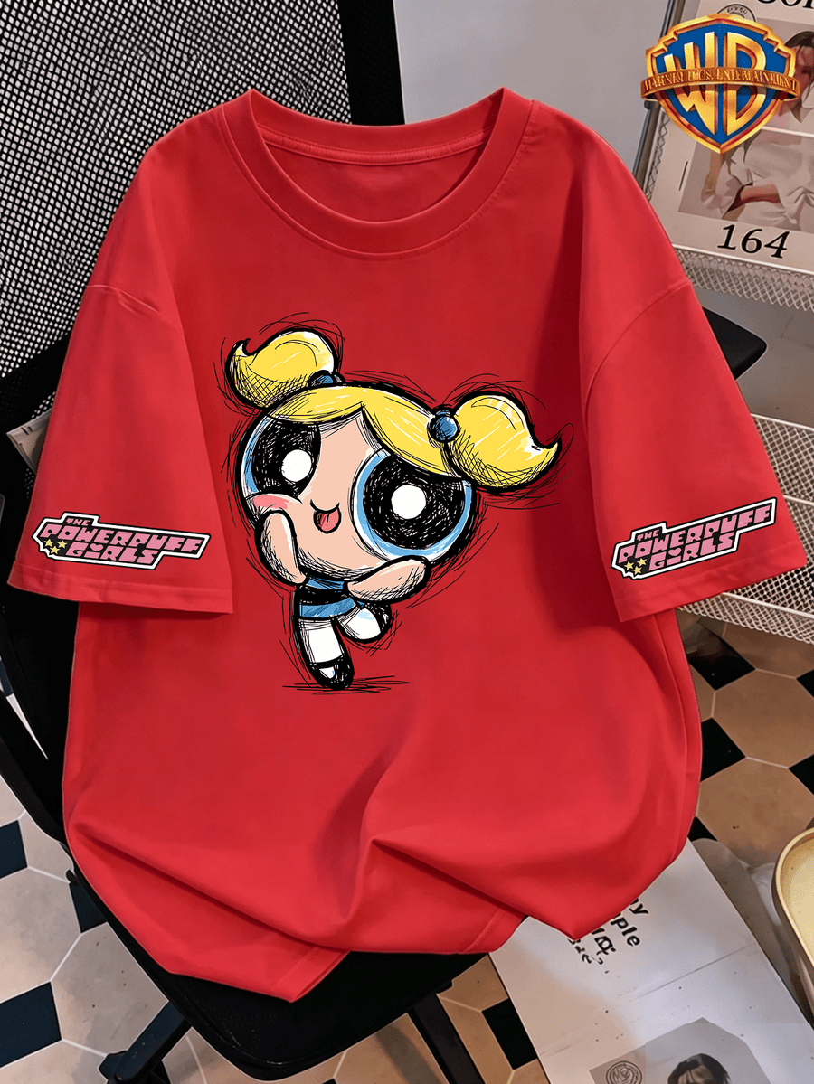 Authorized by Warner, Powerpuff Bubble Sketch Graffiti Q Graphic Printed Women'S T-Shirt, Women'S Fashion Short Sleeve T-Shirt, Daily Leisure And Travel Short Sleeve T-Shirt, Women'S Clothing, The Most Appropriate Gift Choice - Red