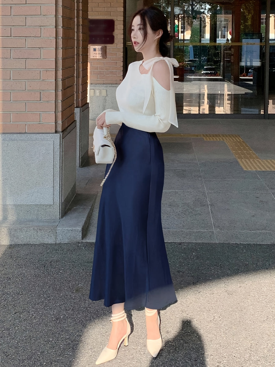 Spring/Summer Women's Slim-Fit Solid Color Satin Mermaid Skirt - Navy Color