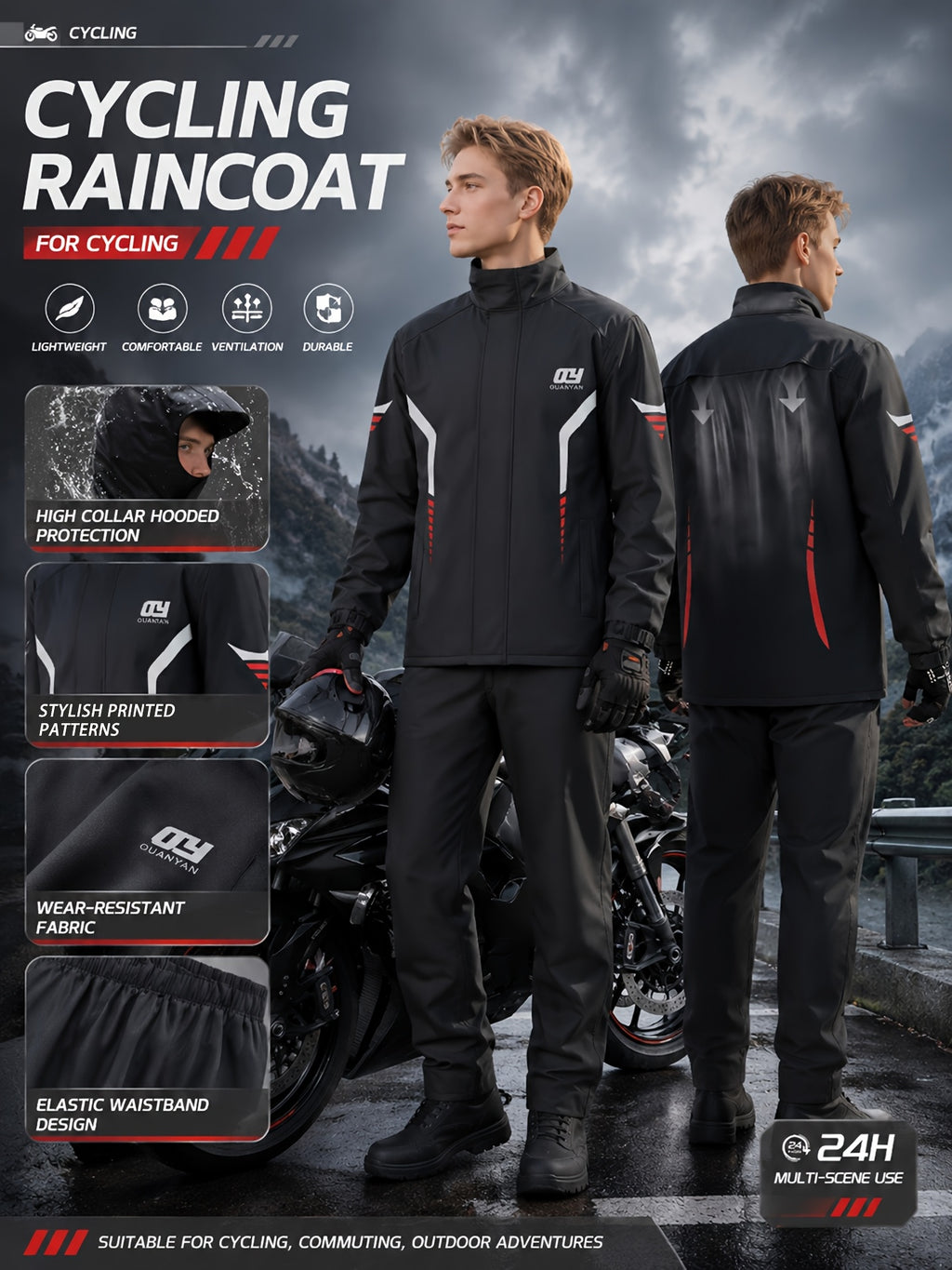Men's Cycling Outdoor Rain Jacket, Jacket + Pants Set, Suitable for Outdoor Cycling, Hiking, Rainy Day Work, Field Activities, and Daily Casual Wear, Men's Raincoat - Black