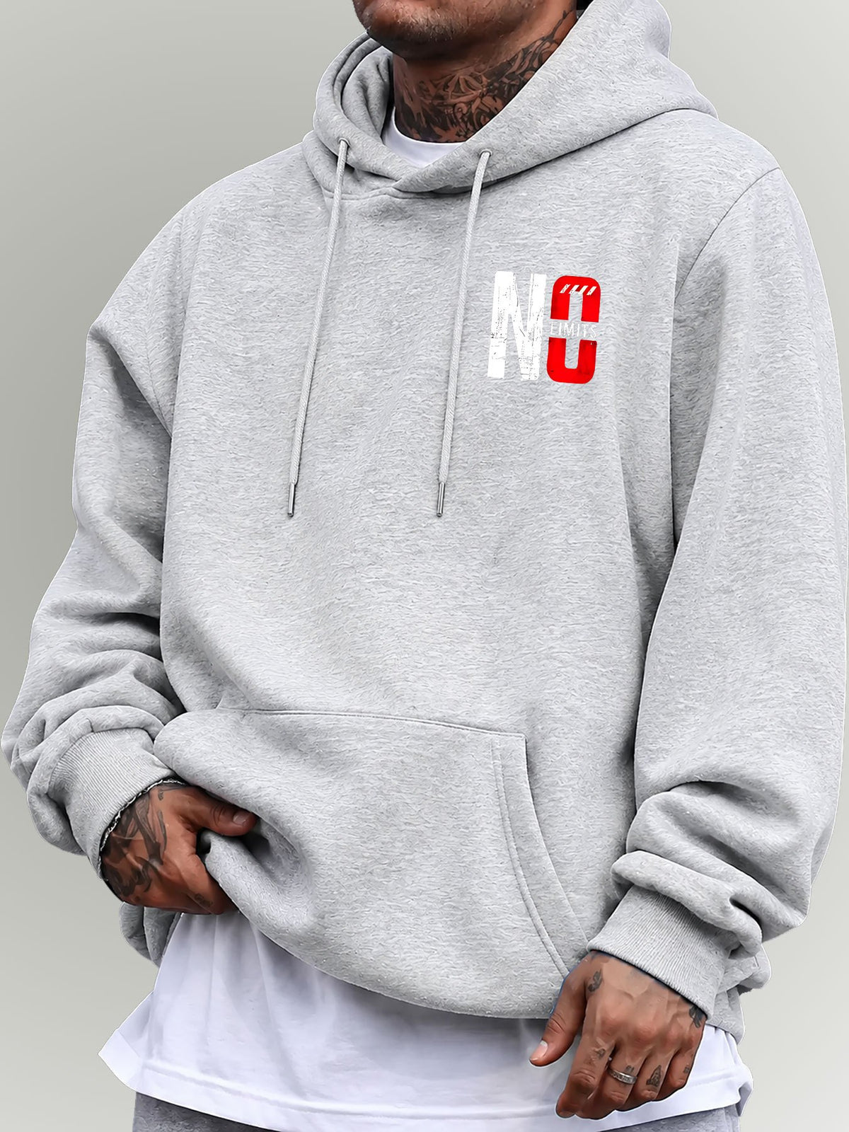 Men's Oversized Hooded Sweatshirt with NO Contrast Color Bold Letter Print, European and American Street Style Casual Sweatshirt - Light Grey