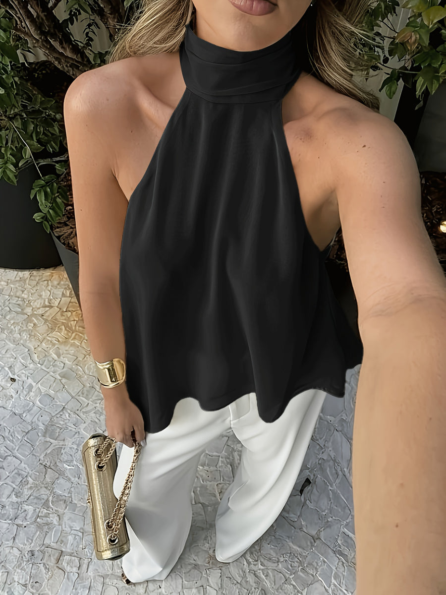 Sexy Halter Back Tank Top New Temperament Ribbon Design Aesthetic Back Satin Sleeveless Top - Black
