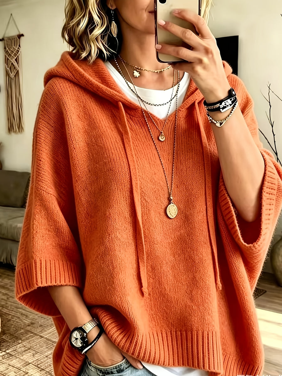 Women's Elegant Casual Three-Quarter Sleeve Drawstring Hooded Sweatshirt - Orange-Red