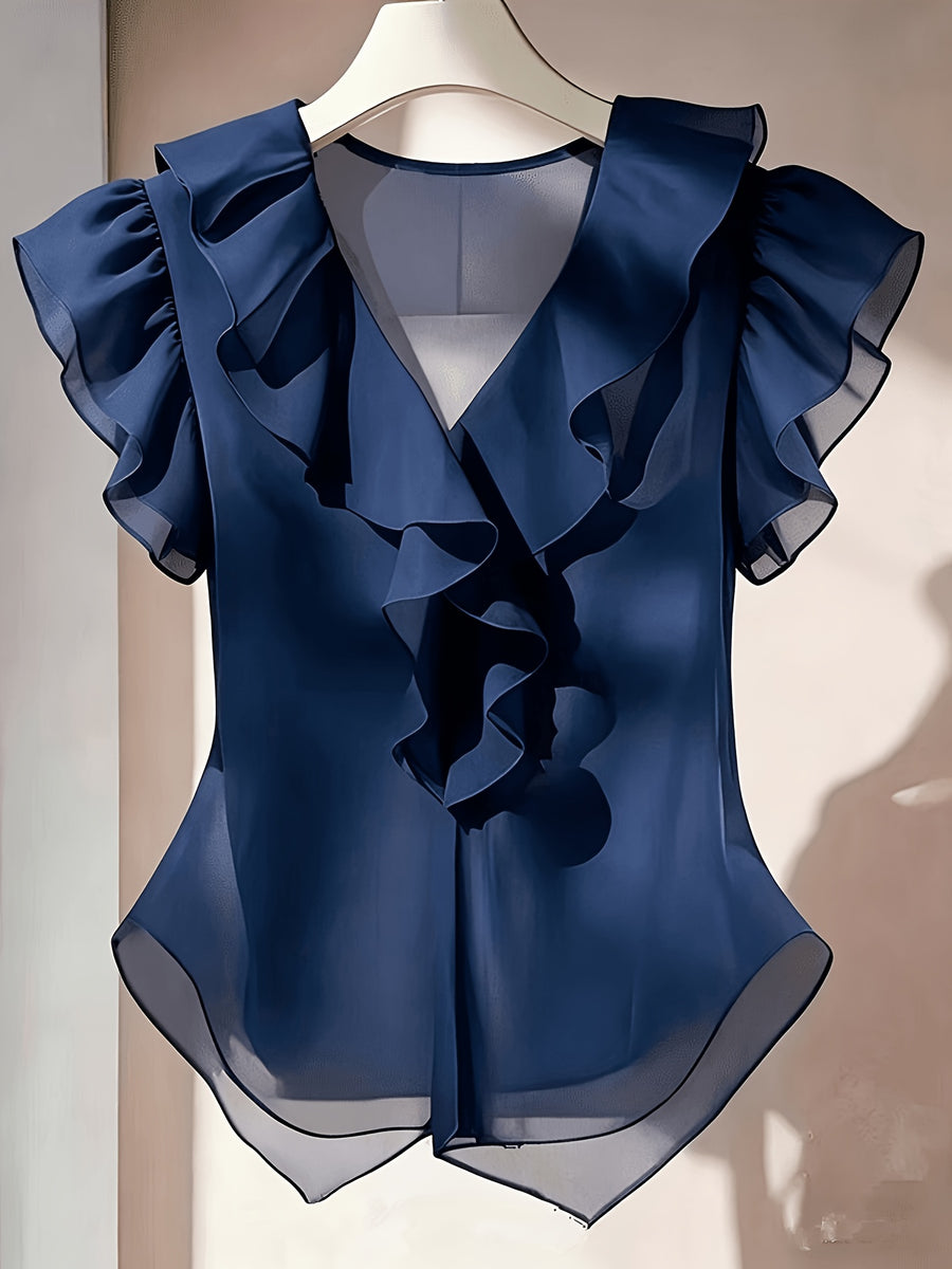 Summer French Solid Ruffled Fly Short Sleeve Shirt Chiffon Top Women'S - Navy Color