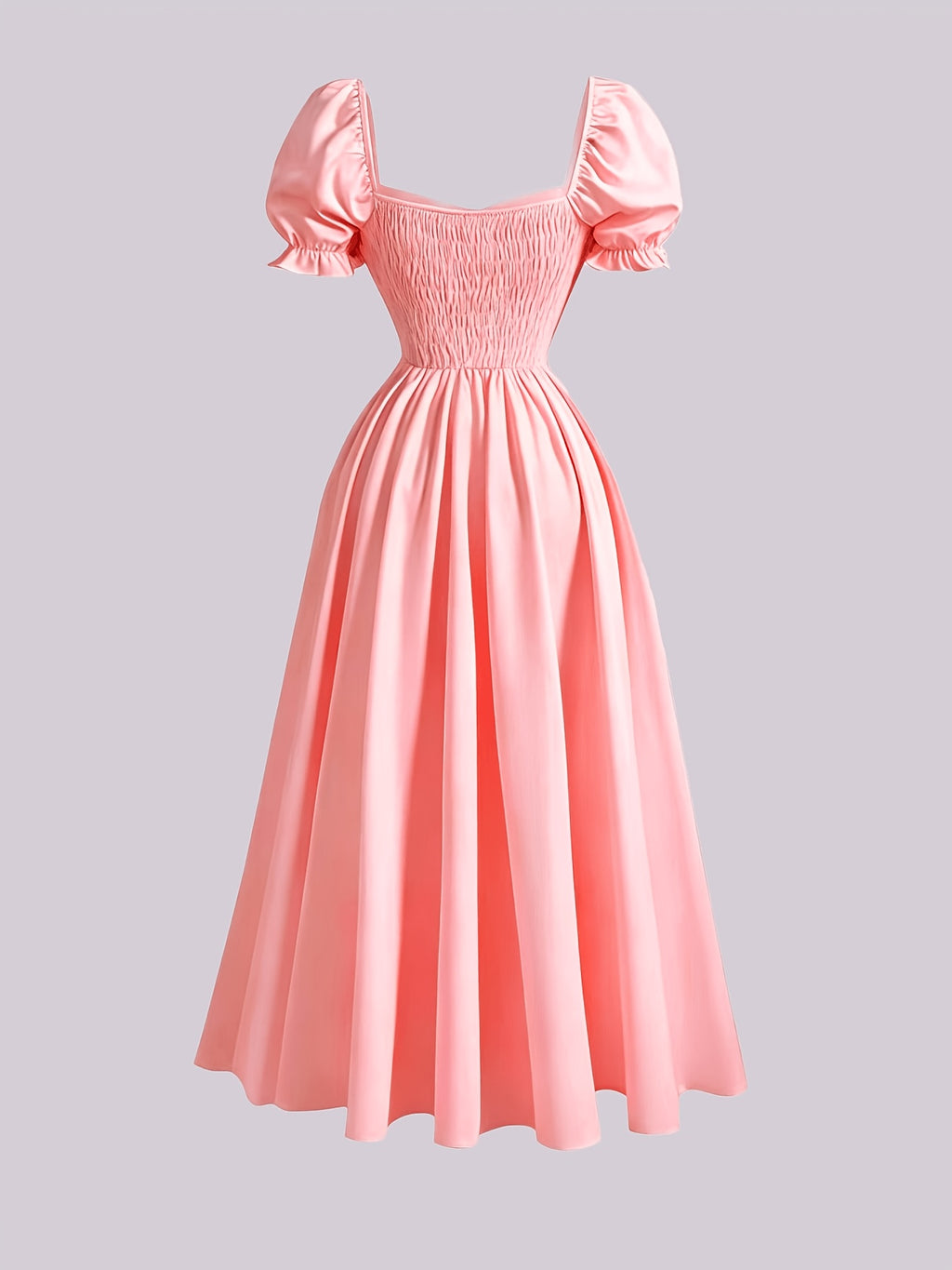 Ladies' New Spring And Summer Elegant Floral Print Long Dress, Bubble Sleeve Design, Front Waist Tie, Back Waist Shirred Waist, Elegant And Flowing, Romantic Long Dress, Suitable for Daily Wear, Party Gatherings, Vacation Holidays - Pure Color Powder