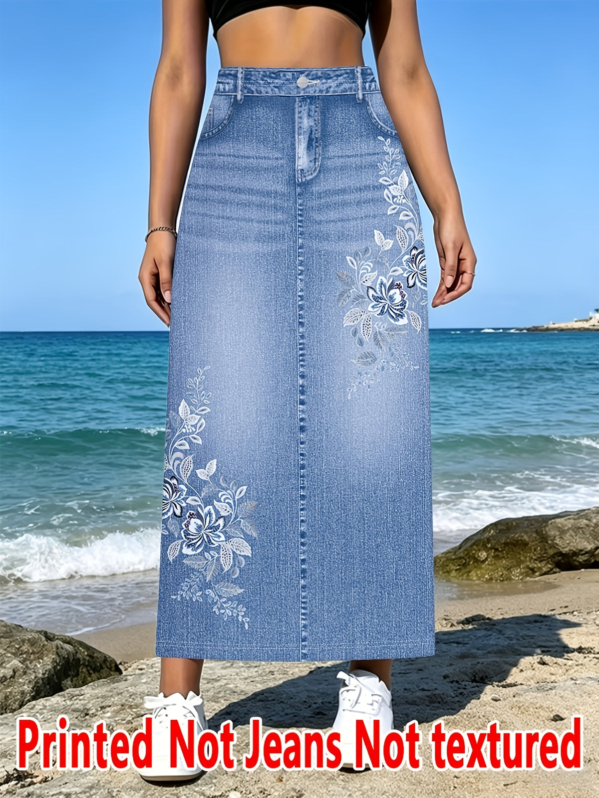 [Printed Skirt - Not Denim Fabric]Non-Denim Fabric, Denim Print Spring/Summer New Women'S Non-Denim Fabric Non-Denim Printed Skirt High Waist Casual Versatile Skirt - Imitation Denim Print Blue
