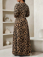 Women's Printed Leopard Print Lantern Sleeve Long Dress with Pockets - Leopard Print