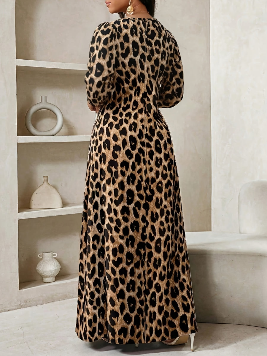 Women's Printed Leopard Print Lantern Sleeve Long Dress with Pockets - Leopard Print