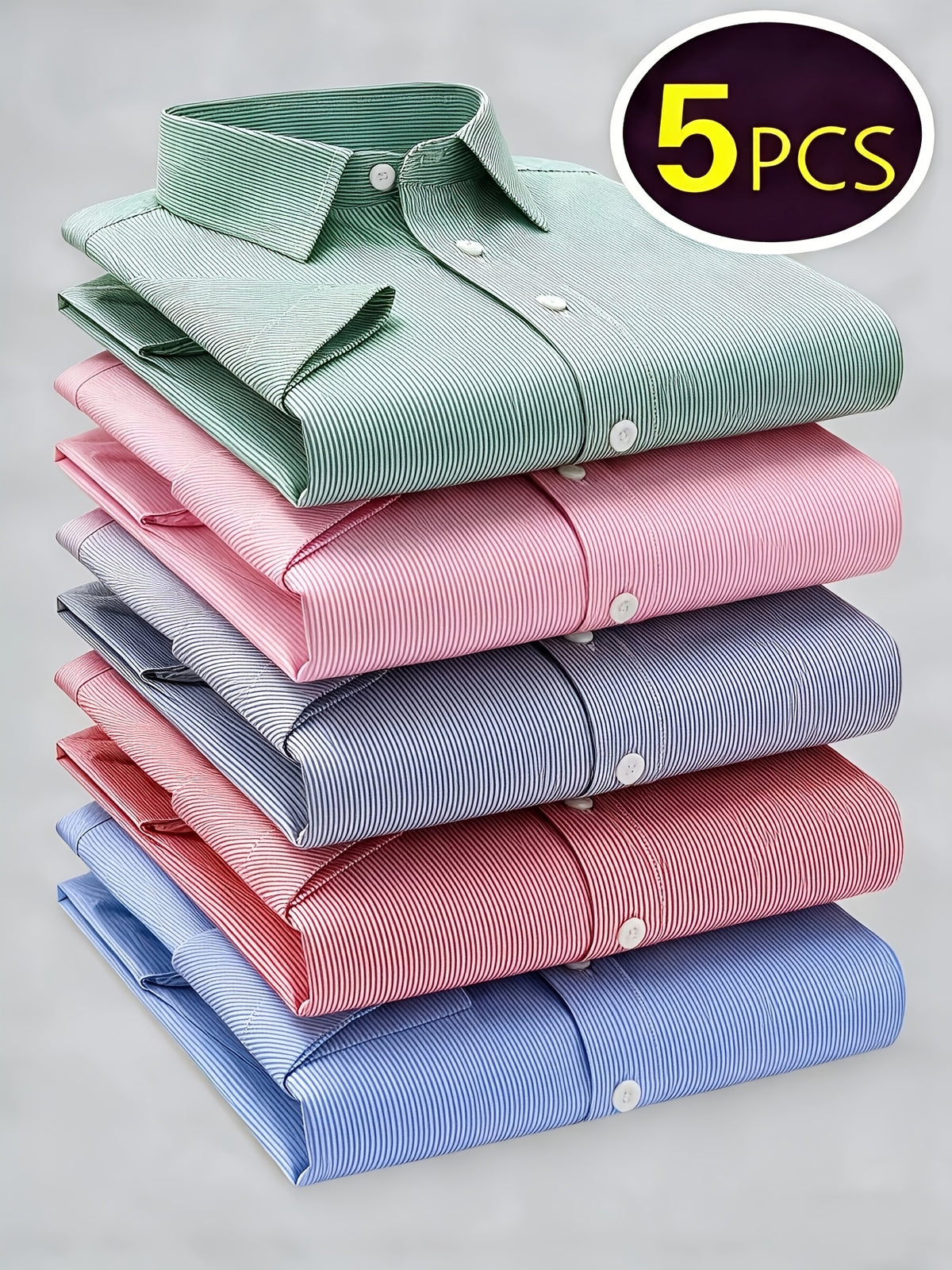 Halloween Stock-Up 5pcs Men's Striped Short-Sleeve Pocket Shirts, Stylish and Versatile, Single-Breasted, Regular Fit, Wrinkle-Free and Comfortable, Suitable for All Seasons - Sky Blue, Green, Gray, Pink, Dark Pink