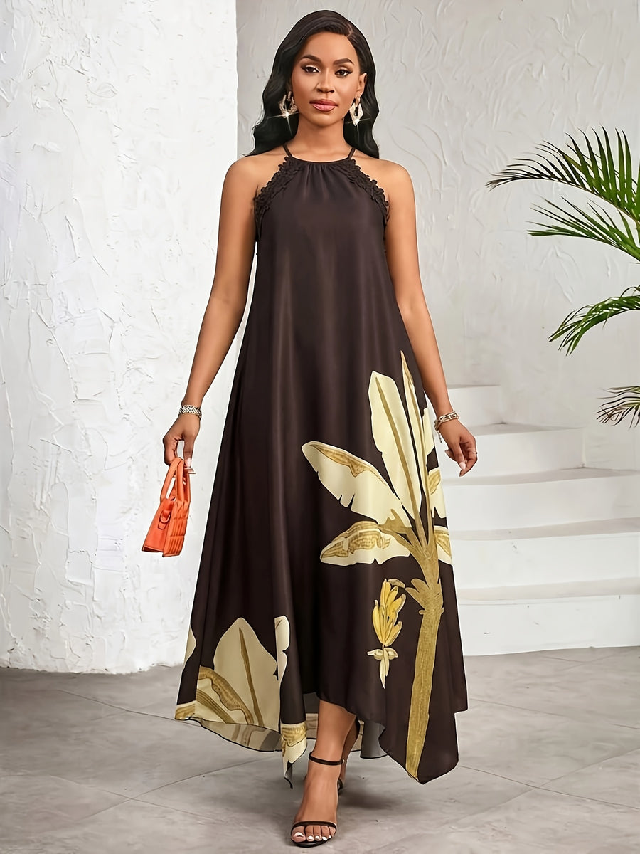 Summer Festival Party Gathering Floral Print Elegant Style Dress, Halter Neck Sleeveless Backless Tie-Up with Lace Trim Hem and Irregular A-Line Cut Dress - Reddish Brown