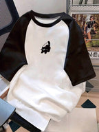 Y2K Retro Raglan Sleeve T-Shirt with Black Cat Graphic Print - Black & White Contrast Design, Breathable Summer Tee for Women, Machine Washable Casual Top, Casual Attire | Durable Fabric - Mixed colors