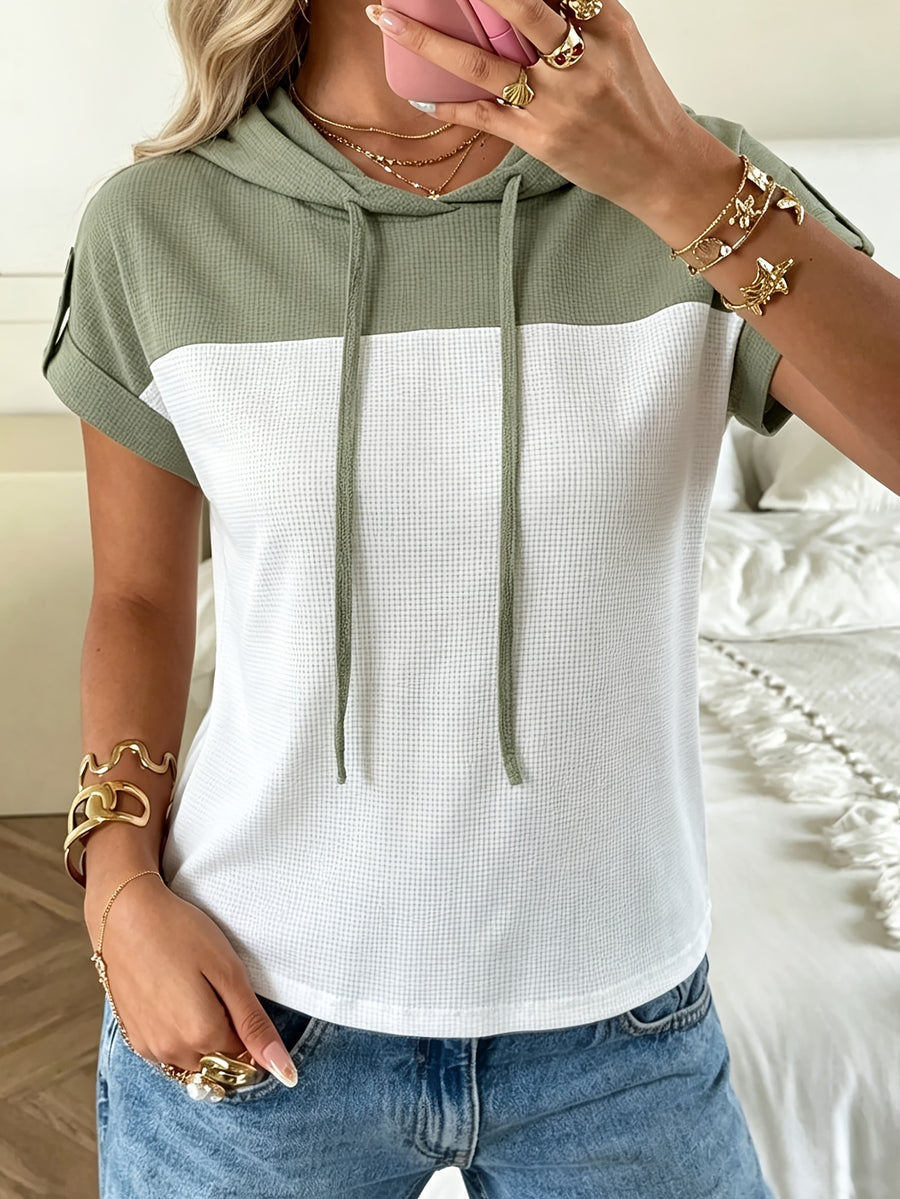 2026 New Women's Hoodie with Waffle Fabric Patchwork, Short Sleeves, Decorative Buttons, and Hood - White+Green