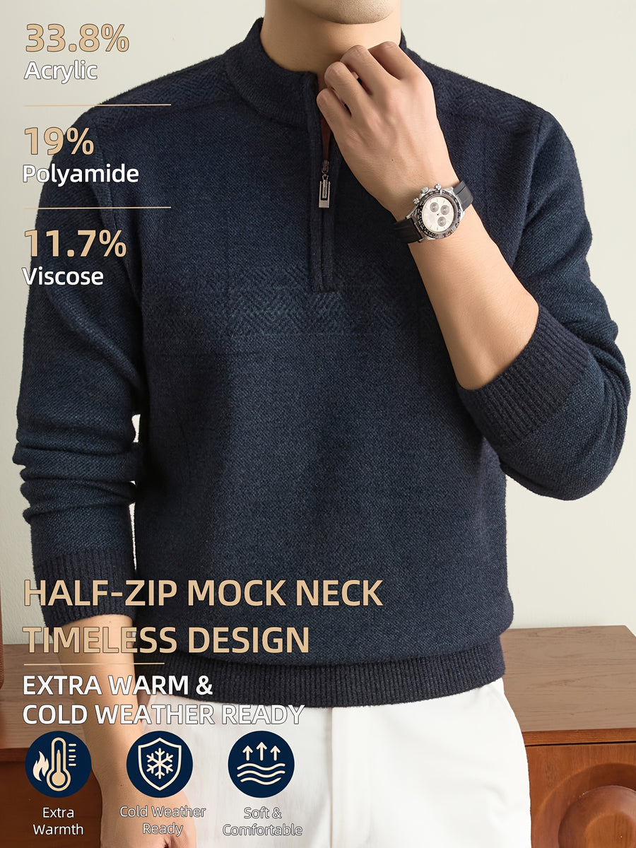 Men'S Half-Zip Knit Sweater, Classic Stand Collar And Textured Pattern, Thickened Warm Pullover in a Refined Timeless Style for Casual, Work, Hiking, Camping, Fishing, And Outdoor Wear - Navy Color