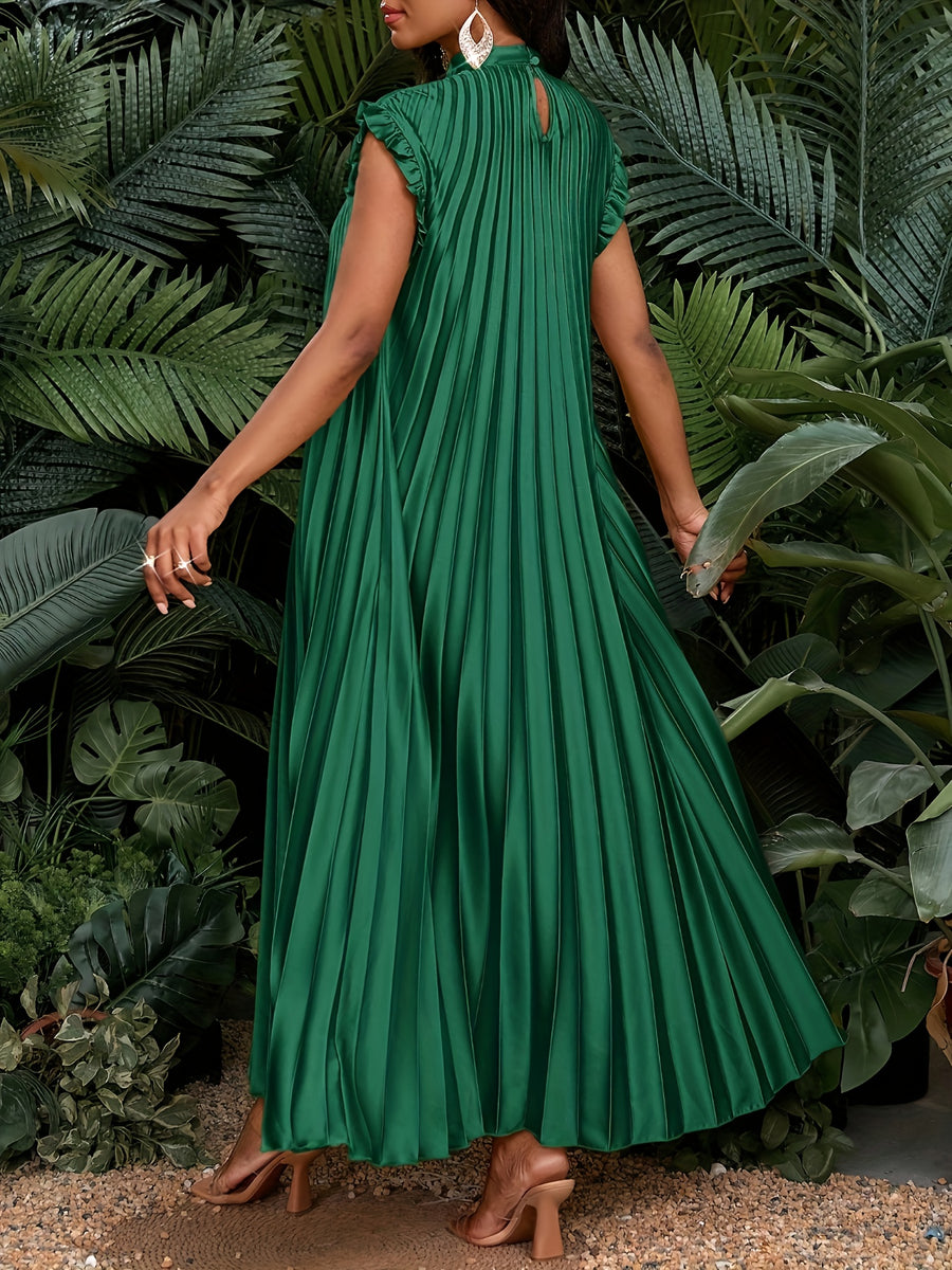 Satin Pleated Flutter Sleeve Long Women's Dress, Bridesmaid Dress, Loose Fit, Casual, Vacation, Elegant, Party, All Seasons, Birthday, Event Gown, Office Dress, Spring/Summer Dress - Dark Green