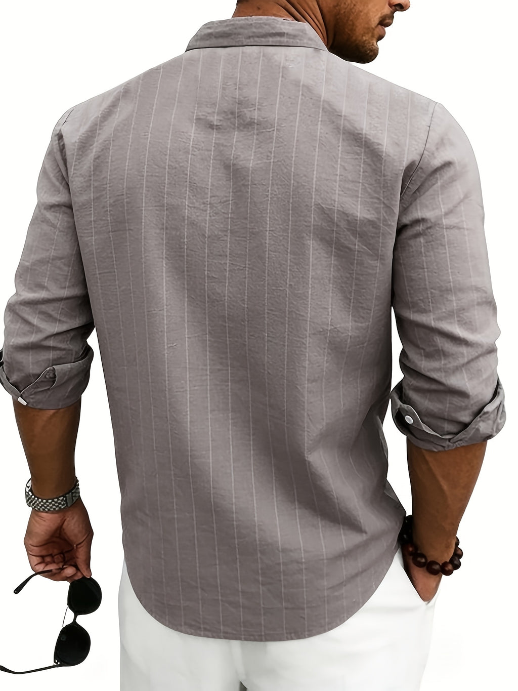 American Spring and Summer Linen Jacquard Striped Loose Casual Stand Collar Long Sleeved Pocket Men's Commuting Trend Shirt - Grey