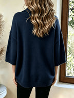Plus Size, Women's Elegant Casual Cute Sexy Middle Eastern Style Spring Autumn Winter Solid Color V-Neck Batwing Sleeve Arc-Shaped Hem Slit Irregular Loose Soft Warm Shawl Cape Pullover Sweater Top - Navy Color