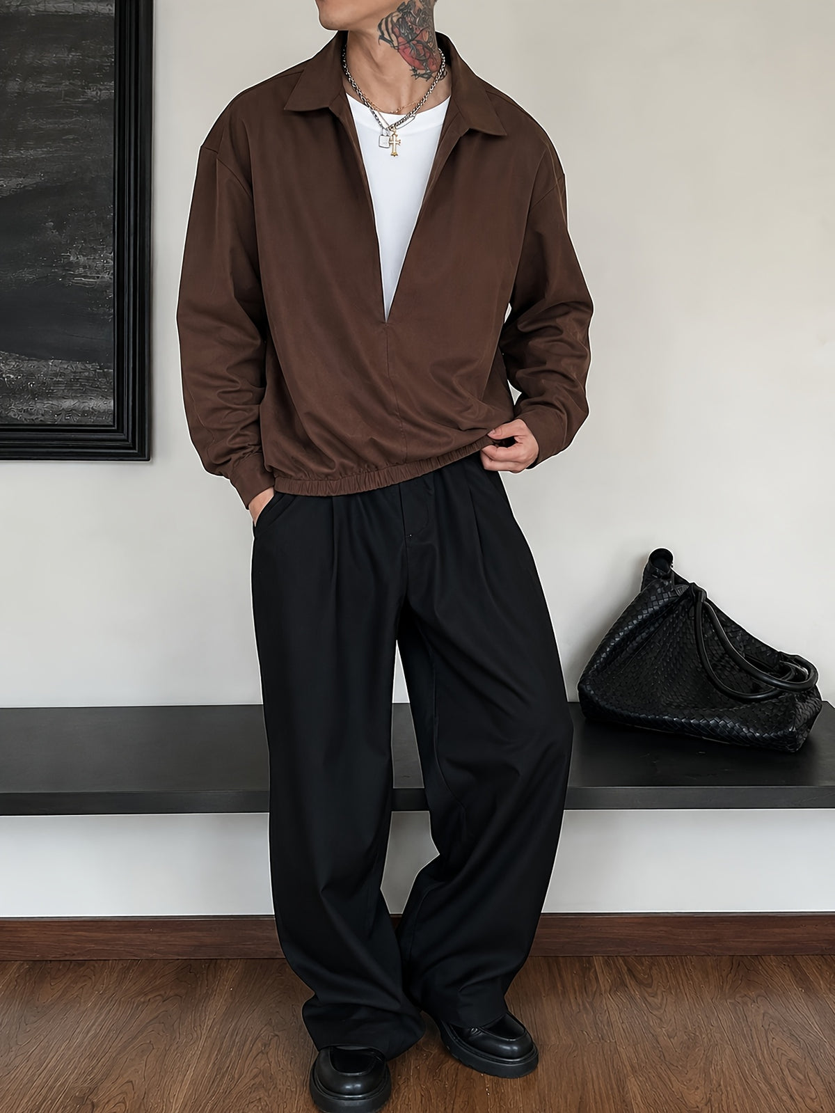 Men'S V-Neck Faux Two-Piece Open Front Long Sleeve Shirt Jacket with Elastic Cinch Hem, Premium Casual Commuter Shirt, Everyday Relaxed All-Match Pullover - Coffee Color