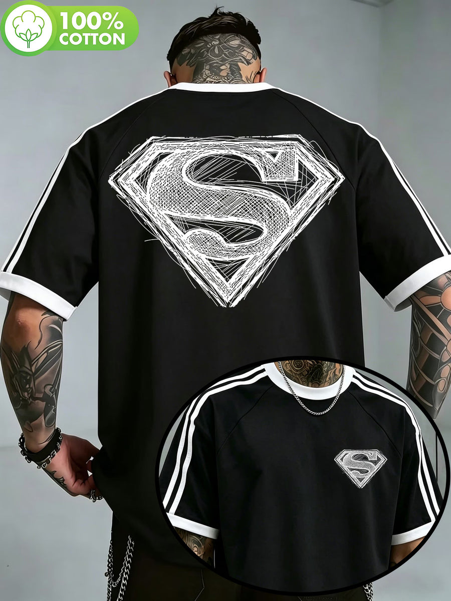 WB Warner Bros. Authentic New Men's Raglan Double-Stripe 100% Pure Cotton T-Shirt, Featuring a Hand-Drawn Draft-Style Superman Core Emblem Print with Distressed Thread Design. A Versatile Casual Cotton Tee for Men, Suitable for Daily Wear and Outdoor - Black