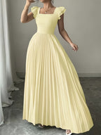 Women'S Elegant Floral Print Pleated Hem Long Dress, Summer - Yellow