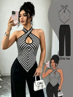 Women'S Houndstooth Printed Color-Block Fashion Sleeveless Vest, Tie-Neck Backless Design Top - Mixed colors