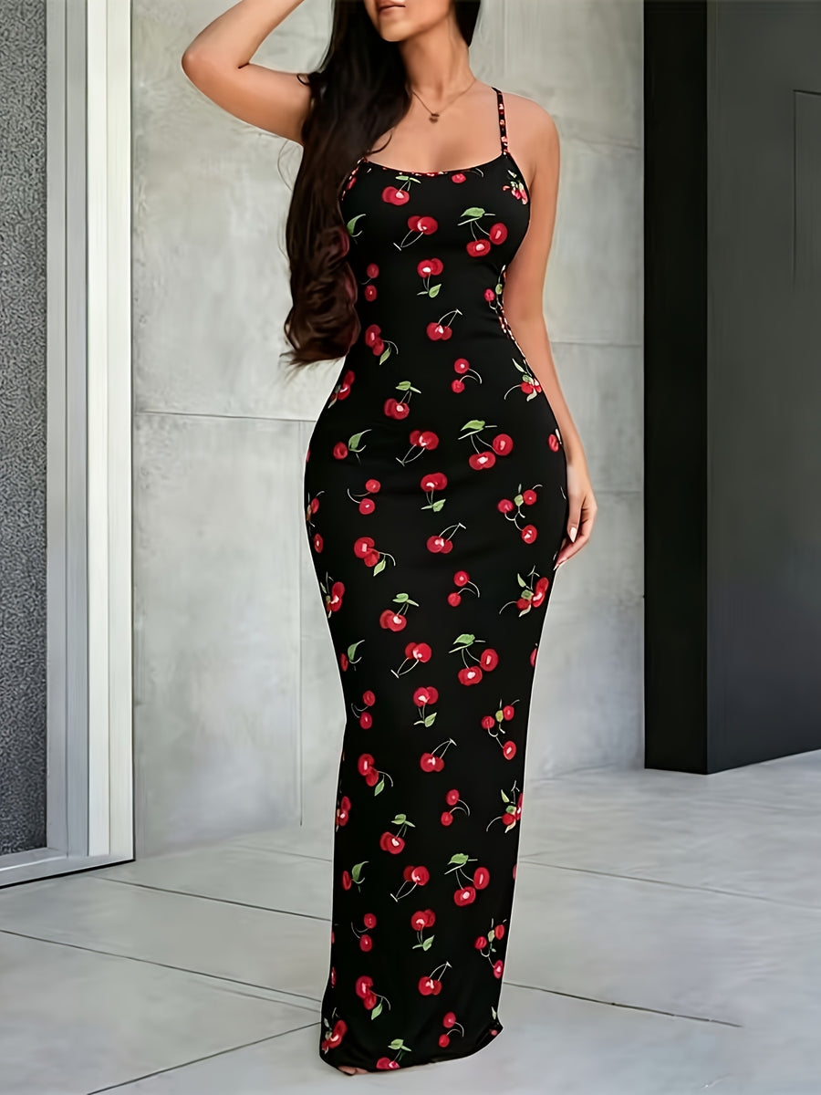 Women's Cherry Print Bodycon Long Camisole Dress, Backless Cross-Strap Long Dress, Summer Slim Fit Dress Suitable for Vacation, Beach, and Parties - Mixed colors