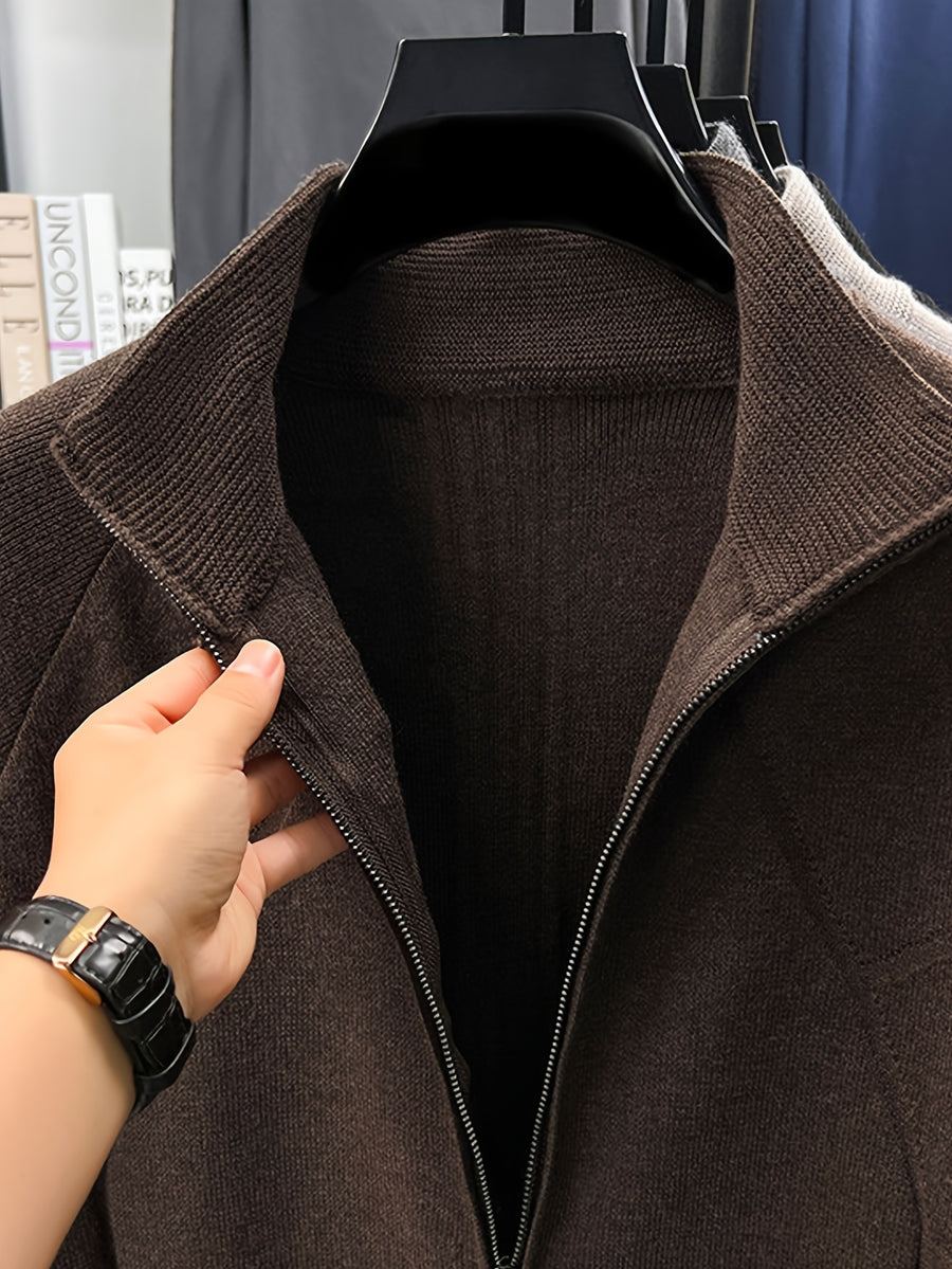 Men's Stand Collar Full-Zip Knit Cardigan, Long Sleeve Outerwear, Ribbed Neckline, Cuffs, and Hem, Two-Way Zipper - SINBOS - Coffee Color