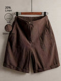 SQ26032726 Women'S Casual Easy Design Solid Color Linen Comfortable Breathable Pocket Shorts Suitable for Going Out, Summer, Vacation, Holiday Wear - Coffee Color