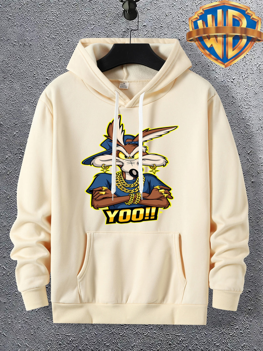 Warner Licensed Men'S Autumn Hooded Sweatshirt, Reinforced Ribbed Cuffs, Breathable Polyester Fabric, Hip-Hop Street Style Distorted Heart Wolf Pattern, Suitable for Retro Hip-Hop Outfits, Urban Trendy Men, Practical Kangaroo Pouch - Apricot