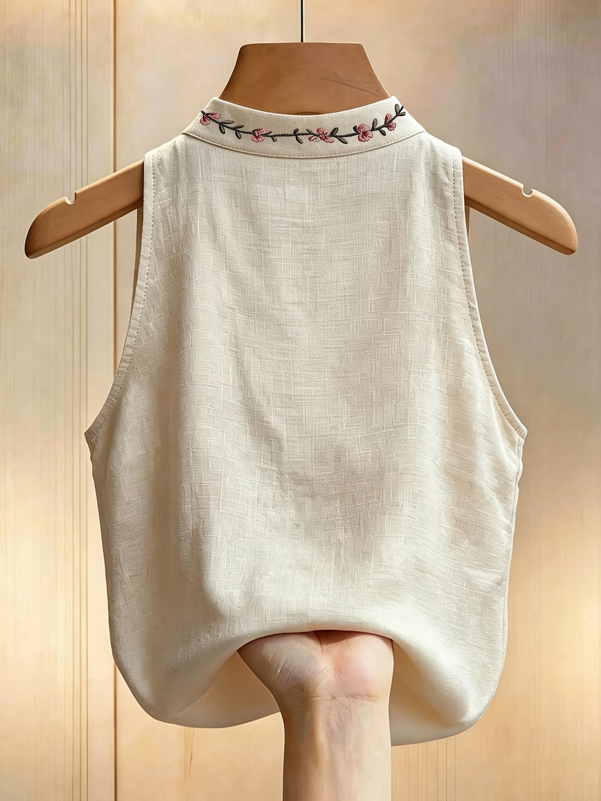 Women's Floral Embroidered Stand Collar Sleeveless Blouse, Embroidered Top, Elegant Summer Outfit, Office and Commuting Attire, Pretty Blouse, Casual Elegance, Shirt - Apricot