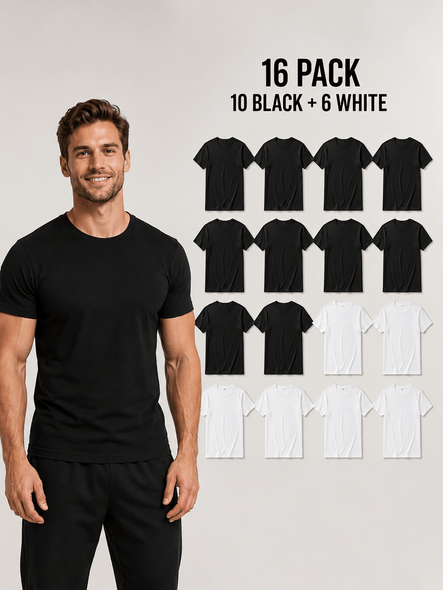 16pcs Men'S 100% Round-Neck Solid Color Short-Sleeve T-Shirts, Black And White, Soft And Breathable Basic Undershirts, Suitable for Daily Casual Wear, Sports, And Outdoor Wear - 10 Black, 6 White, 16-Piece Pack