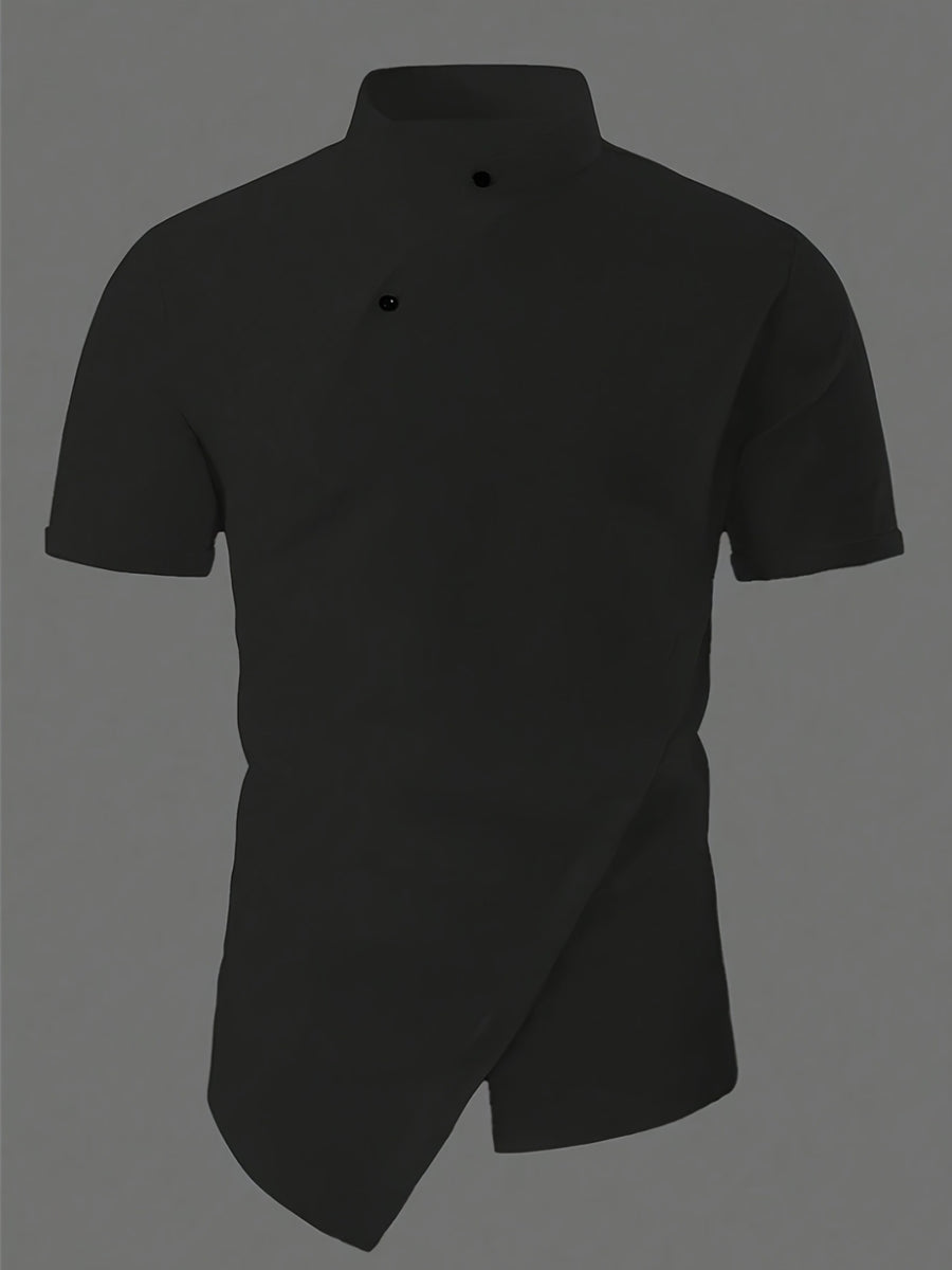 Men'S New Chinese Style Stand-Up Collar Short Sleeve Shirt, Slanted Collar Design with Oriental Elegance, Draping And Stiff Fabric, Delicate Texture And Skin-Friendly, Breathable And Non-Sweaty, Regular Hem with Design - Black
