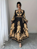 Women's French-Style Vintage Palace Wedding & Evening Gown - V-Neck Lantern Sleeve Maxi Dress with Adjustable Waist Tie , A-Line Train Dress for Proms, Galas, Special Occasions (Machine Washable) - Black