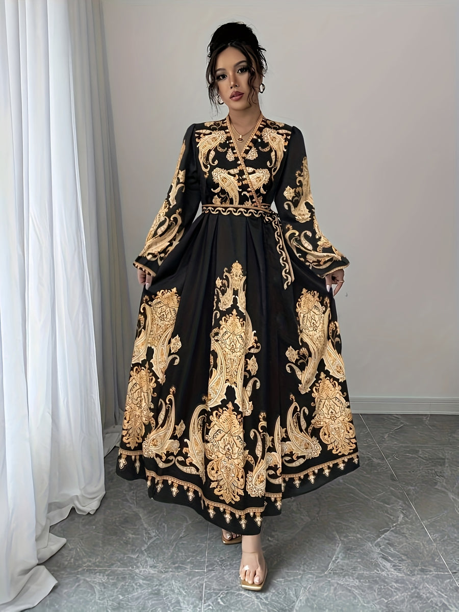 Women's French-Style Vintage Palace Wedding & Evening Gown - V-Neck Lantern Sleeve Maxi Dress with Adjustable Waist Tie , A-Line Train Dress for Proms, Galas, Special Occasions (Machine Washable) - Black