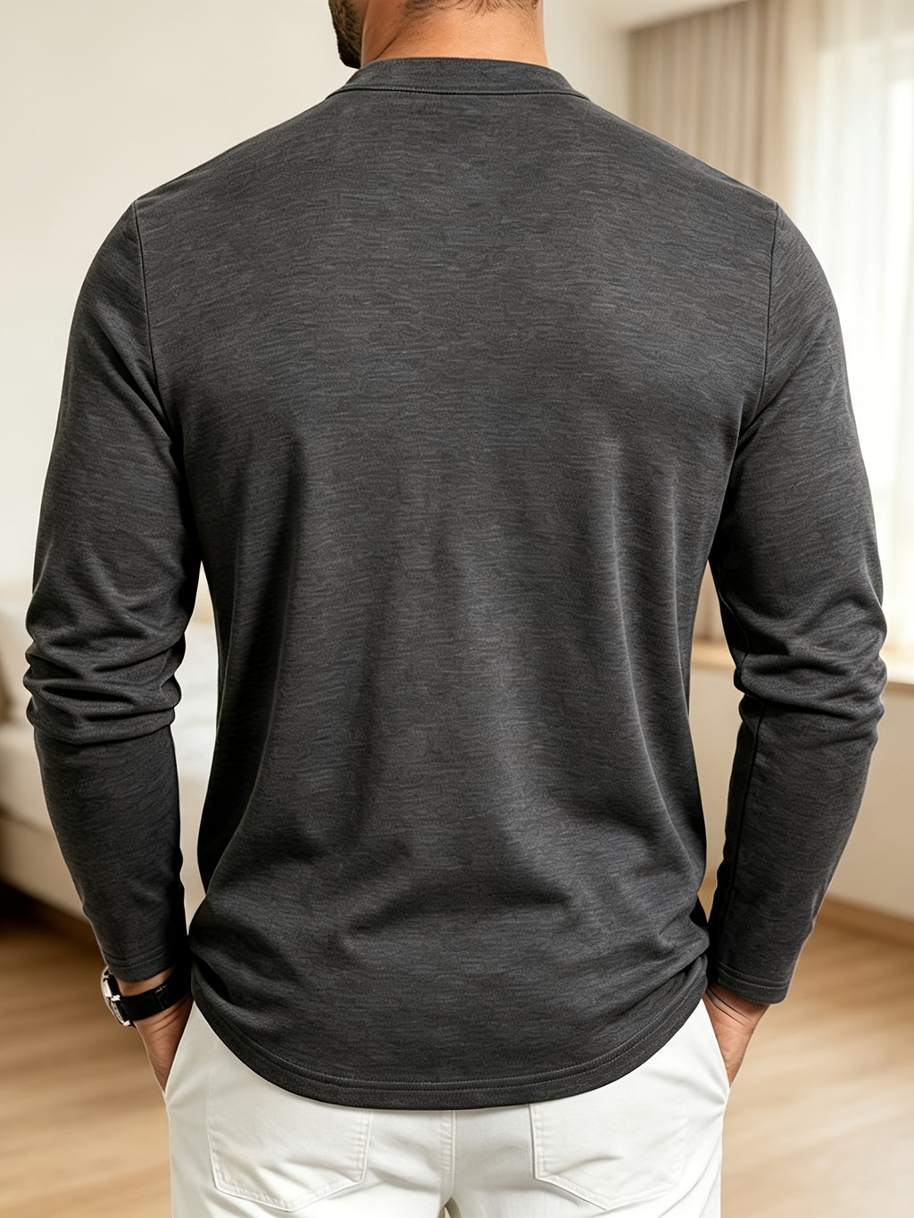 Men Spring Autumn Textured Mandarin Collar Henley 5-button Long Sleeve Top. Slim Soft Breathable Wrinkle-resistant Long Tee for Daily Business Commute & Casual Wear. - Dark Gray