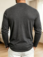 Men Spring Autumn Textured Mandarin Collar Henley 5-button Long Sleeve Top. Slim Soft Breathable Wrinkle-resistant Long Tee for Daily Business Commute & Casual Wear. - Dark Gray