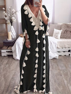 Women's Middle Eastern Robe, V-Neck Cover-Up Fringe Patchwork Gown Dress - Black