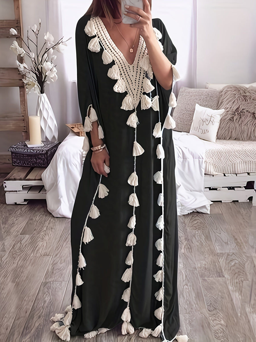 Women's Middle Eastern Robe, V-Neck Cover-Up Fringe Patchwork Gown Dress - Black