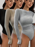 Women's 3pcs Autumn/Winter Fashionable Designer Ribbed Textured Solid Color Long-Sleeve Bodysuit Set, Suitable as a Base Layer or Outerwear - Mixed colors