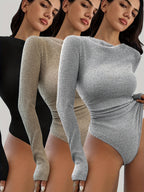 Women's 3pcs Autumn/Winter Fashionable Designer Ribbed Textured Solid Color Long-Sleeve Bodysuit Set, Suitable as a Base Layer or Outerwear - Mixed colors