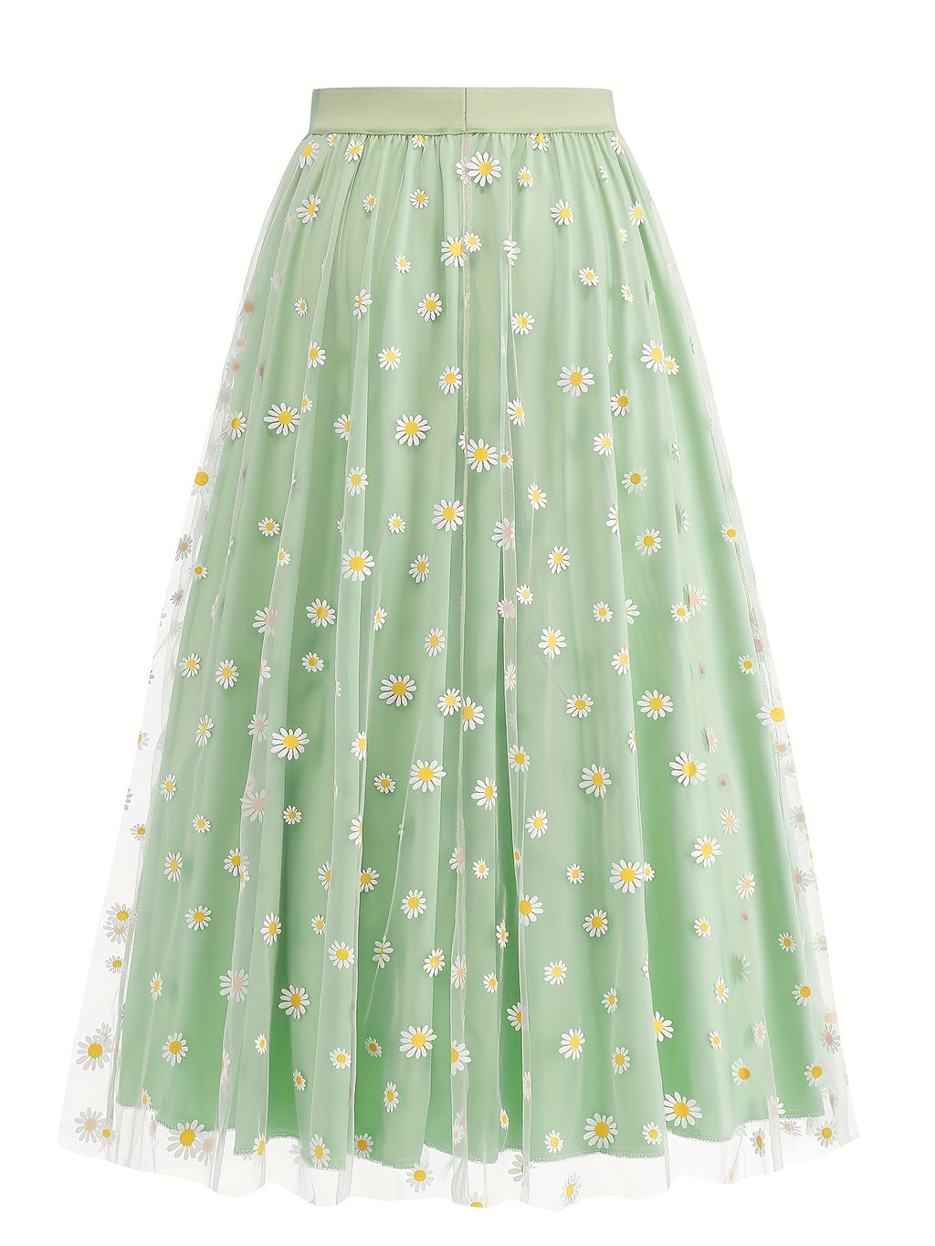 Elegant Chiffon Vacation Skirt with Small Chrysanthemum Print for Women - Light Green