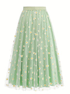 Elegant Chiffon Vacation Skirt with Small Chrysanthemum Print for Women - Light Green