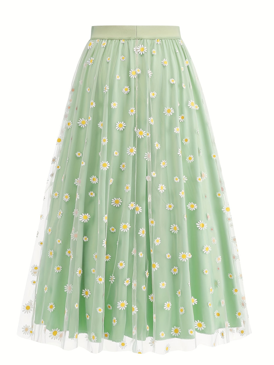 Elegant Chiffon Vacation Skirt with Small Chrysanthemum Print for Women - Light Green