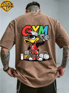 Warner Bros. Officially Authorized Fitness Cartoon Duck Holding Dumbbell Print Retro Washed Distressed Short Sleeve T-Shirt Unisex Machine Washable Daily Commuting Outdoor Sports Casual Top - Coffee Color