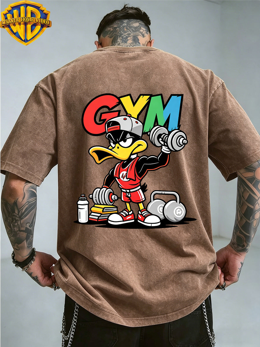 Warner Bros. Officially Authorized Fitness Cartoon Duck Holding Dumbbell Print Retro Washed Distressed Short Sleeve T-Shirt Unisex Machine Washable Daily Commuting Outdoor Sports Casual Top - Coffee Color