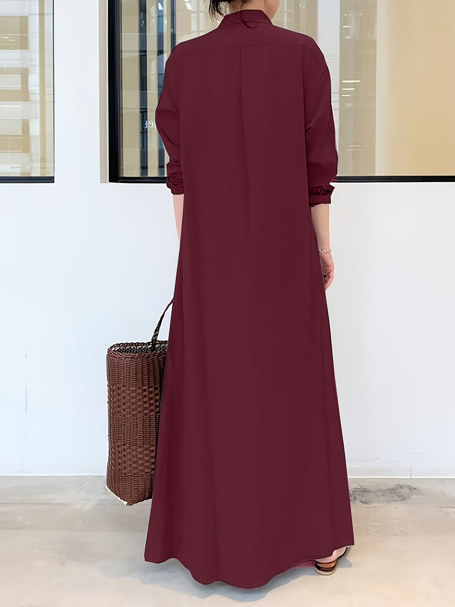 Women'S Button-Up Shirt Dress, Long Sleeve with Pockets, Spring Blouse Collar Autumn Dress - Burgundy